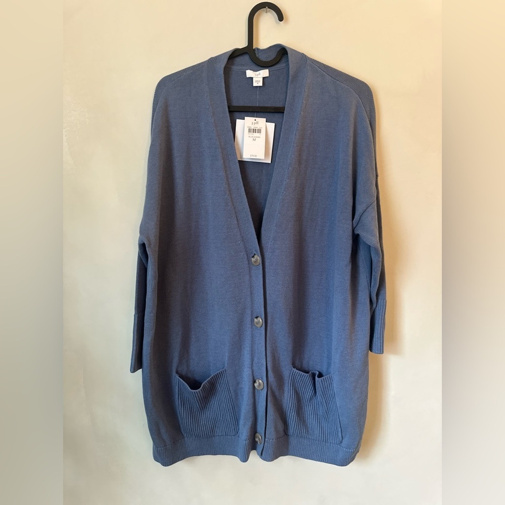 J. Jill New Eclipse Blue Cotton Jasmin Open Front Long Line Sweater Cardigan M